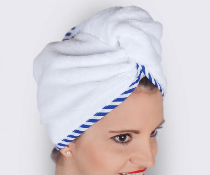 Turban do wosw MaryBerry Welcome to Casablanca - biay z niebieskimi paskami